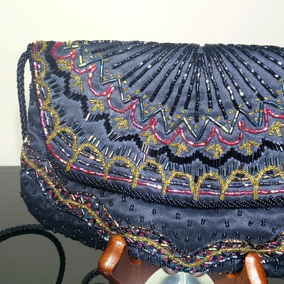 Vintage Art Deco Very So Cute Beaded Black Crossbody Mini Purse. Evening Bags. - Picture 7 of 12